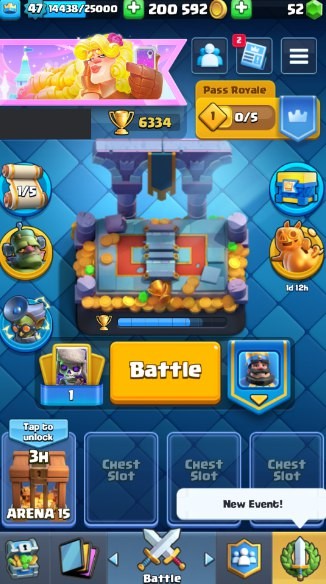 KT 14, LVL 46, Trophy 6587, Emotes 58, Gems 52, Cards 114, Gold 200k (IOS/Android)