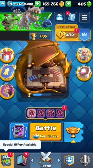 KT 14, LVL 44, Trophy 7135, Emotes 37, Gems 405, Cards 118, Gold 169k (IOS/Android)