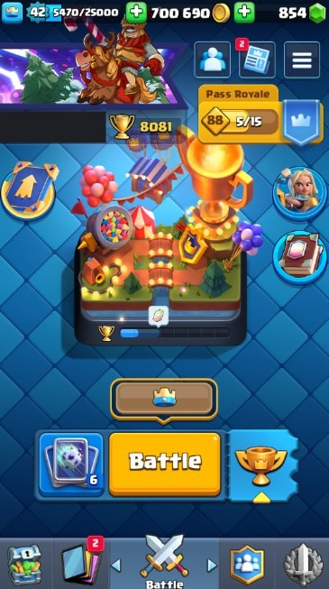 KT 14, LVL 42, Trophy 8081, Emotes 43, Gems 854, Cards 116, Gold 700k (IOS/Android)