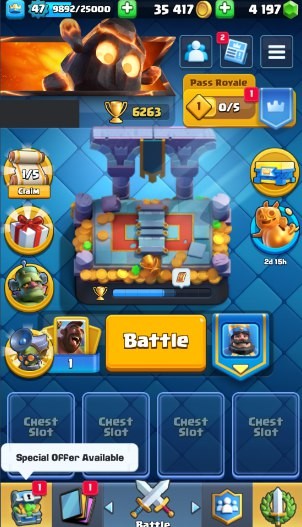 KT 14, LVL 47, Trophy 6263, Emotes 83, Gems 4197, Cards 108, Gold 35k (IOS/Android)