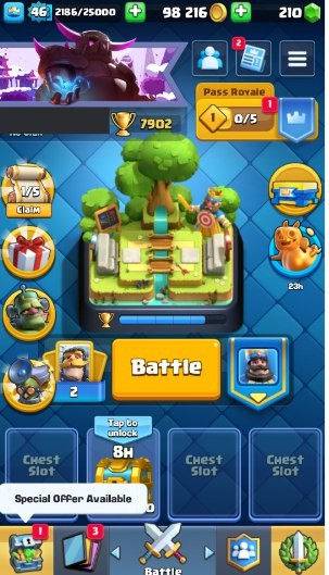 KT 14, LVL 46, Trophy 7902, Emotes 81, Gems 210, Cards 111, Gold 98k (IOS/Android)