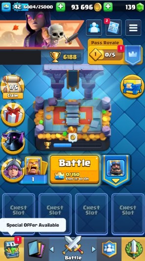 KT 14, LVL 42, Trophy 6188, Emotes 55, Gems 139, Cards 107, Gold 93k (IOS/Android)