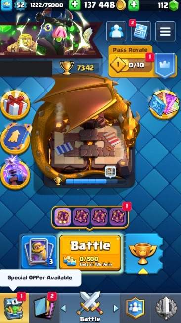 KT 14, LVL 52, Trophy 7342, Emotes 51, Gems 112, Cards 114, Gold 137k (IOS/Android)
