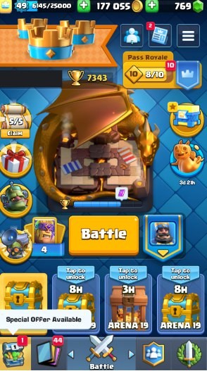 KT 14, LVL 49, Trophy 7343, Emotes 96, Gems 769, Cards 110, Gold 177k (IOS/Android)