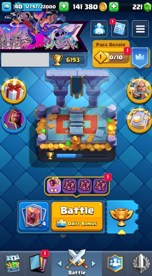 KT 13, LVL 40, Trophy 6193, Emotes 58, Gems 221, Cards 107, Gold 141k (IOS/Android)