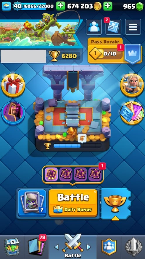 KT 13, LVL 40, Trophy 6280, Emotes 51, Gems 965, Cards 113, Gold 674k (IOS/Android)