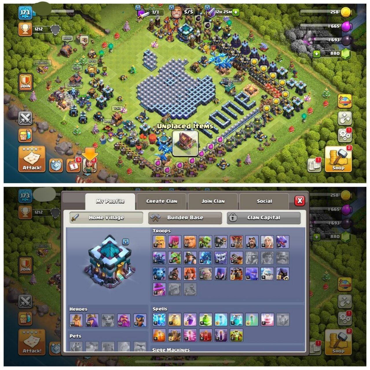Clash of Clans Account – TH:13, Level 173, BK:69, AQ:74, GW:50, RC:12 (IOS/Android)