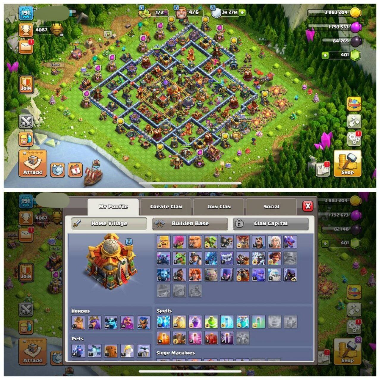 Clash of Clans Account – TH:16, Level 191, BK:57, AQ:85, GW:50, RC:56, Pet:29 (IOS/Android)
