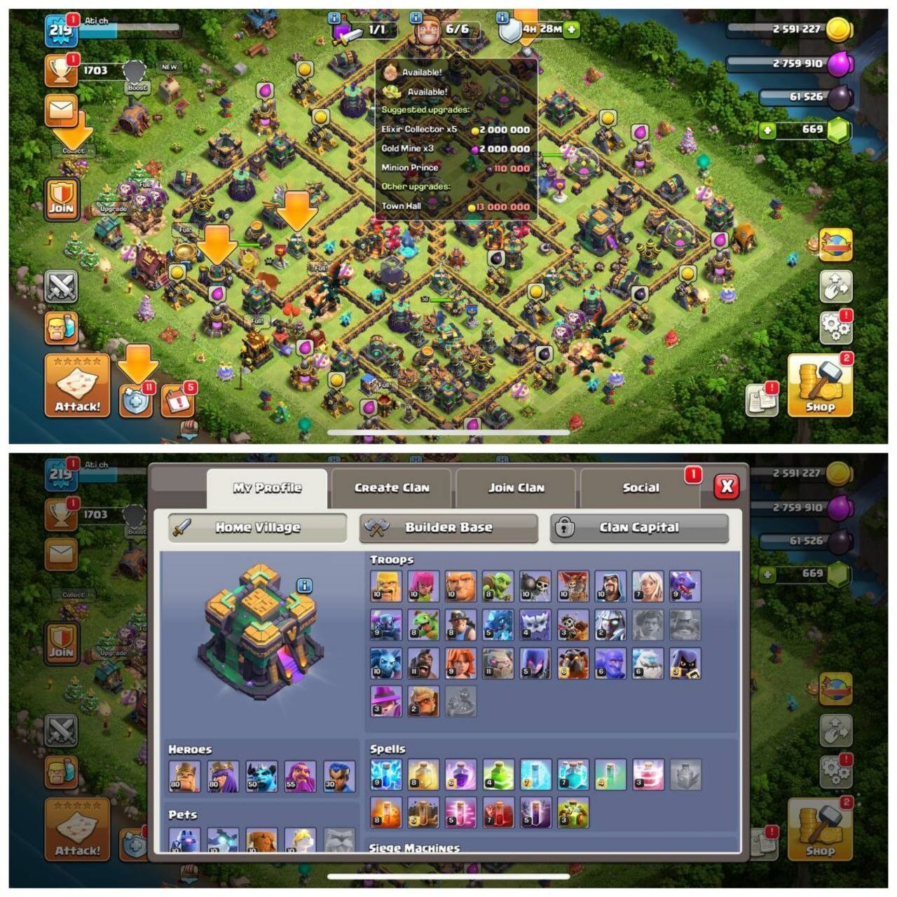 Clash of Clans Account – TH:14, Level 219, 669 Gems, BK:80, AQ:80, GW:50, RC:55, Pet:30 (IOS/Android)