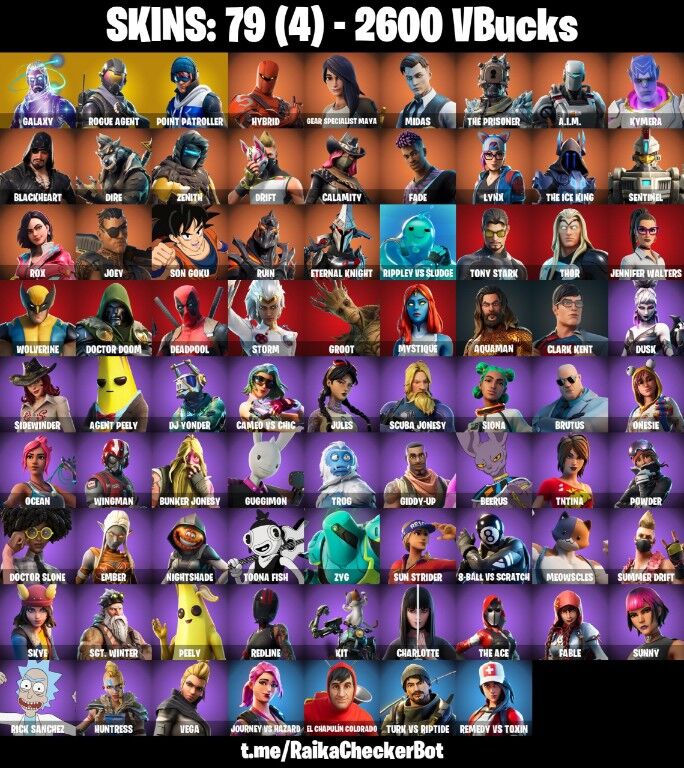 79 Skins, Galaxy, Rogue Agent, Take the Elf, Point Patroller, 2600 V-Bucks [PC/PSN/XBOX/Switch]