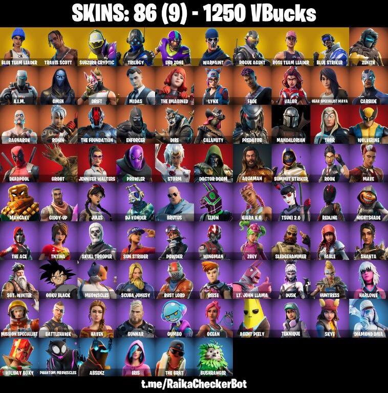 86 Skins, Travis Scott, Take The L, OG STW, Rogue Agent, Reaper Axe, Blue Team Leader [PC/PSN/XBOX/Switch]