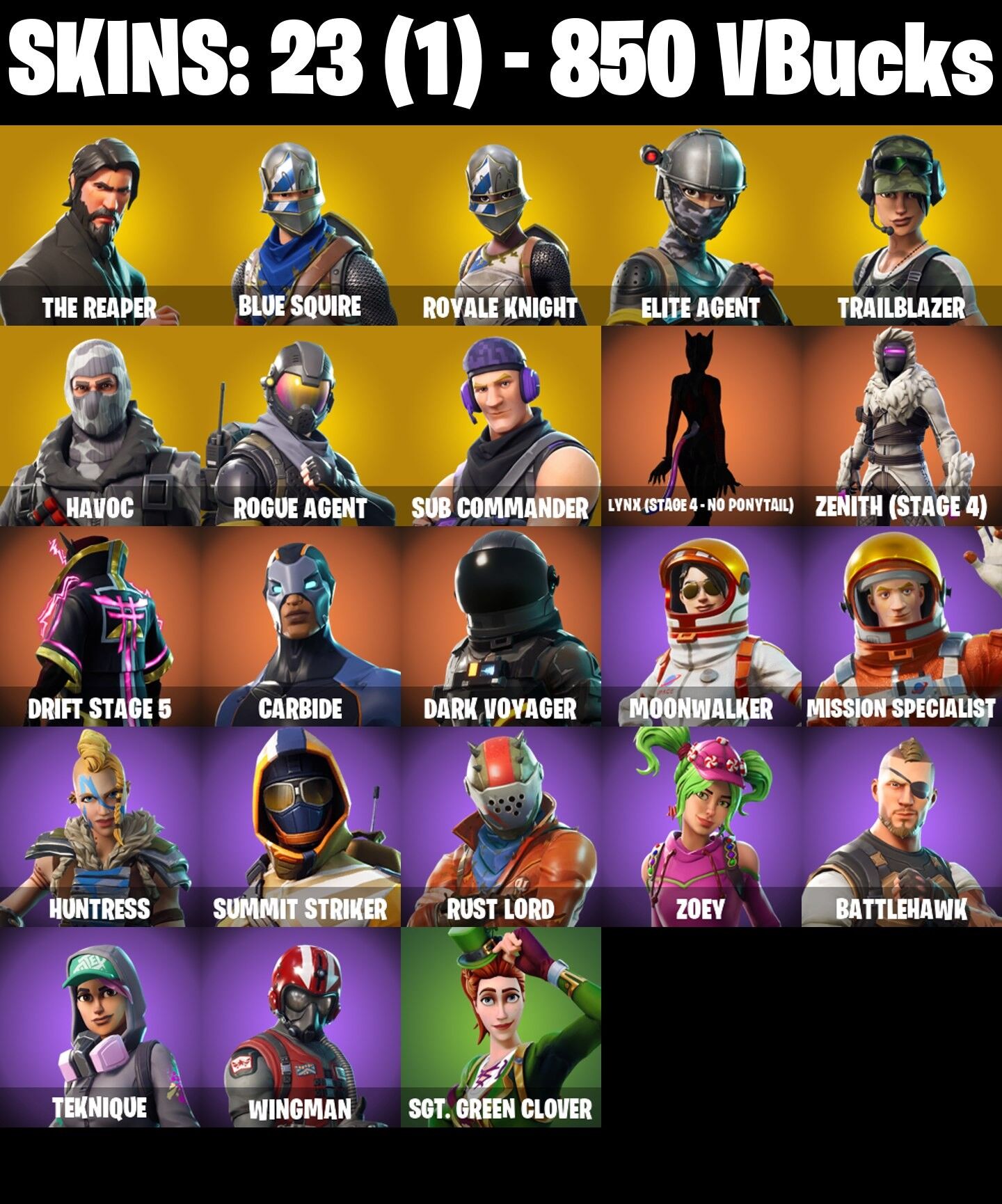 23 Skins, The Reaper, Take The L, Blue Squire, Royale Knight, Elite Agent, Rogue Agent, Havoc [PC/PSN/XBOX/Switch]