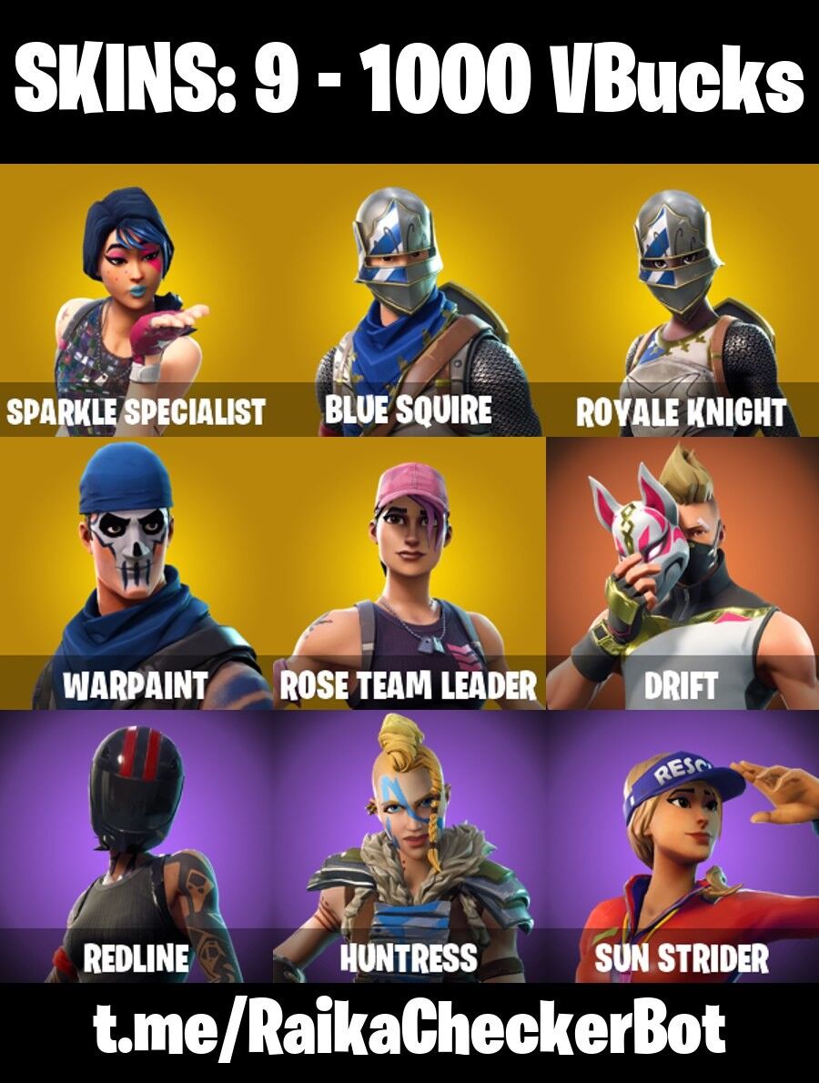9 Skins, Sparkle Specialist, Floss, AC/DC, OG STW, Blue Squire, 1000 V-Bucks, Royale Knight [PC/PSN/XBOX/Switch]