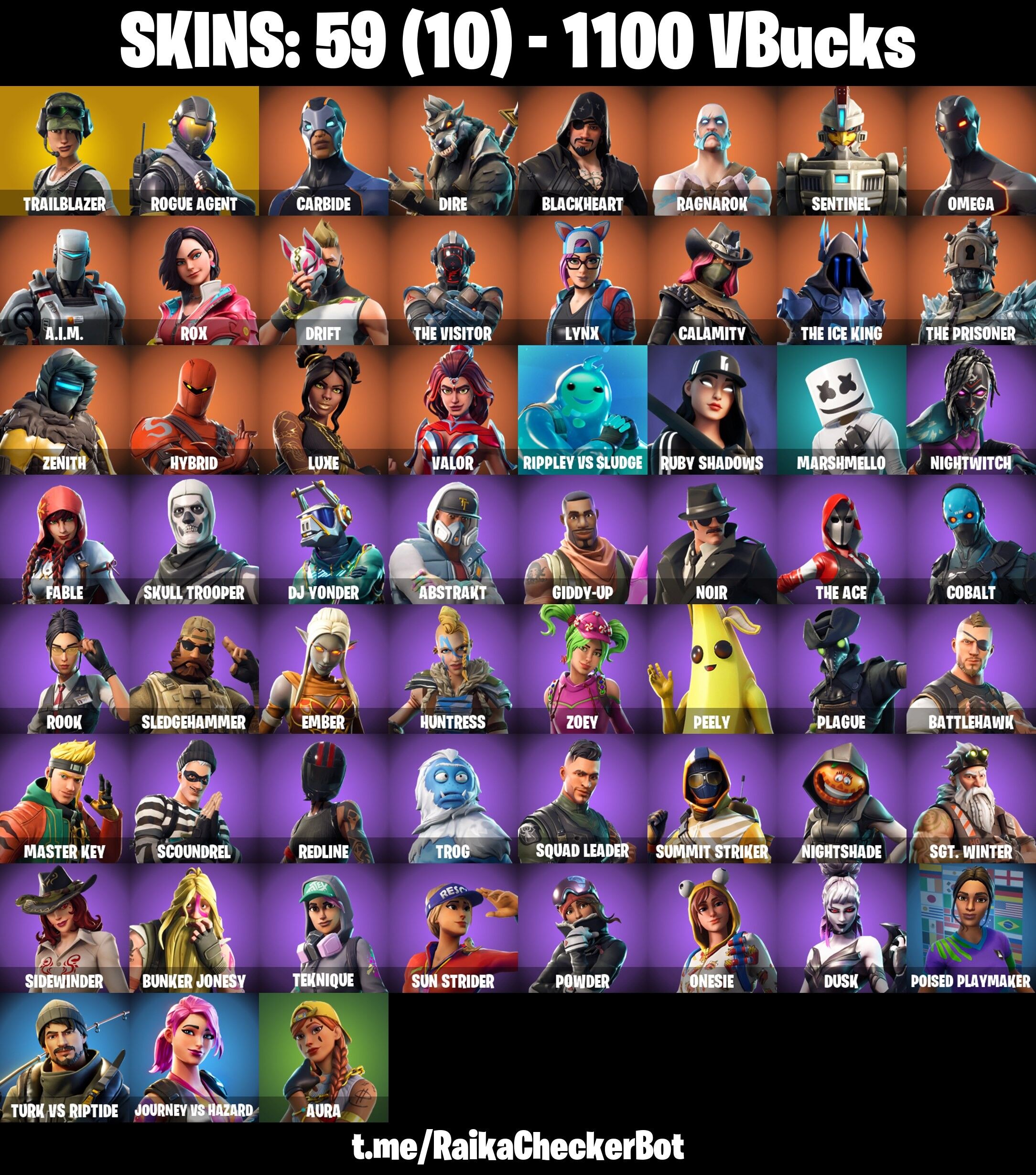 59 Skins, Trailblazer, Reaper Axe, Rogue Agent, Skull Trooper, Marshmello [PC/PSN/XBOX/Switch]