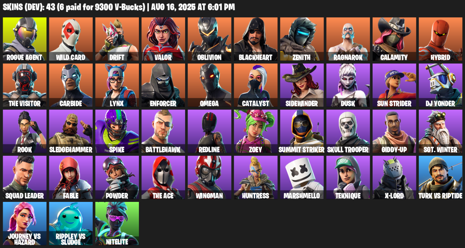 43 Skins, Omega, Rogue Agent, Wild Card, Drift, Valor, Oblivion, Blackheart, Zenith, Ragnarok, Calamity [PC/PSN]