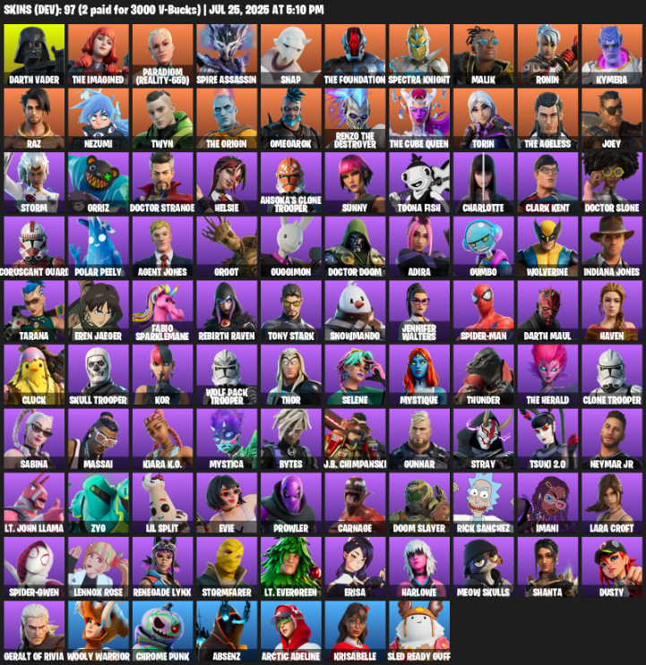 97 Skins, Lara Croft, Darth Vader, The Imagined, Paradigm (Reality-659), Spire Assassin, Snap, The Foundation [PC/XBOX]