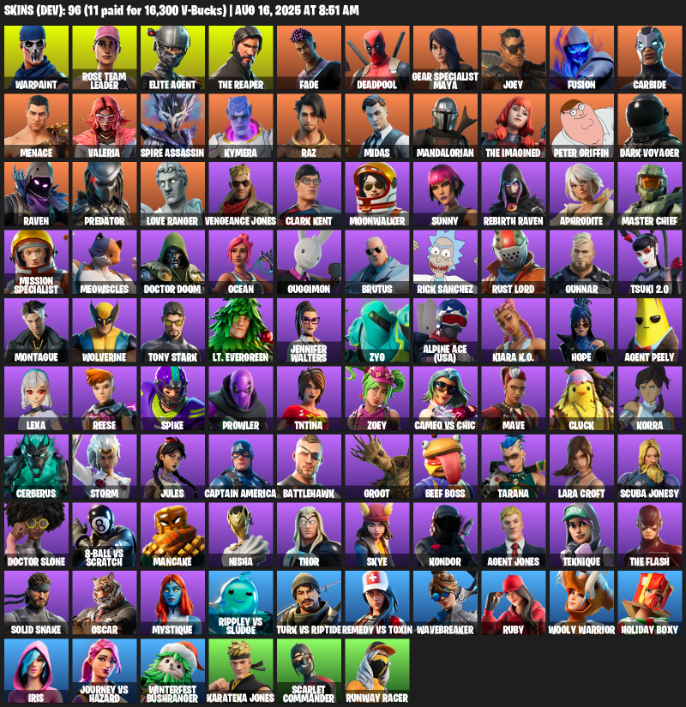 96 Skins, Take The L, OG STW, The Reaper, Elite Agent, Lara Croft, Warpaint, Rose Team Leader, Fade, Deadpool [PC/PSN]