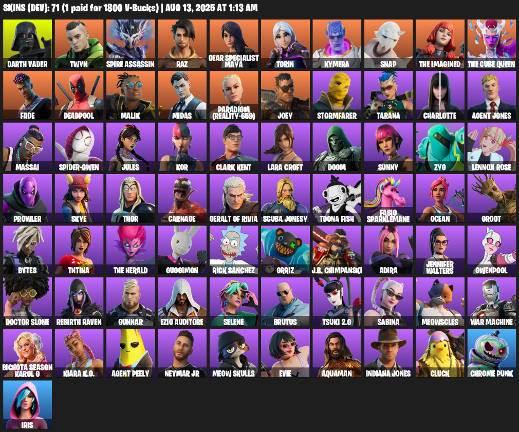 71 Skins, 550 V-bucks, Lara Croft, Darth Vader, Twyn, Spire Assassin, Raz, Gear Specialist Maya, Torin, Kymera [PC/XBOX]