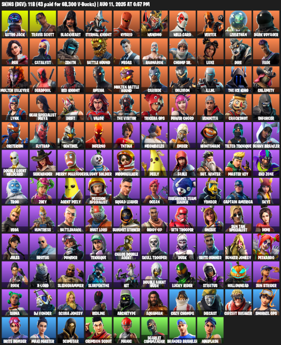 118 Skins, Take The L, Travis Scott, Omega, Astro Jack, Blackheart, Eternal Knight, Hybrid, Wukong [PC/PSN/XBOX]
