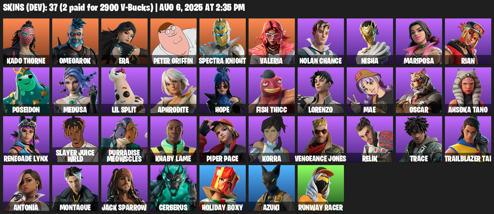 37 Skins, 700 V-bucks, Kado Thorne, Omegarok, Era, Peter Griffin, Spectra Knight, Valeria, Nolan Chance [PC/PSN/XBOX]