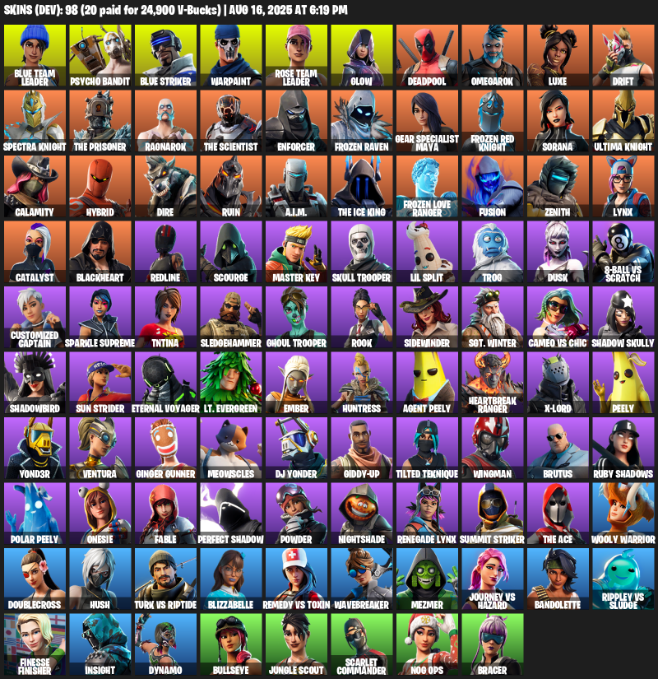 98 Skins, OG STW, Reaper Axe, Blue Team Leader, Psycho Bandit, Blue Striker, Warpaint, Rose Team Leader [PC/PSN/XBOX]