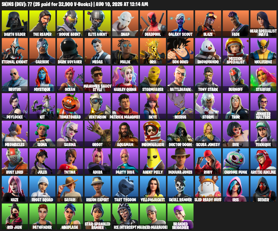 77 Skins, Take The L, The Reaper, Elite Agent, Darth Vader, Rogue Agent, Snap, Deadpool, Galaxy Scout [PC/PSN/XBOX]