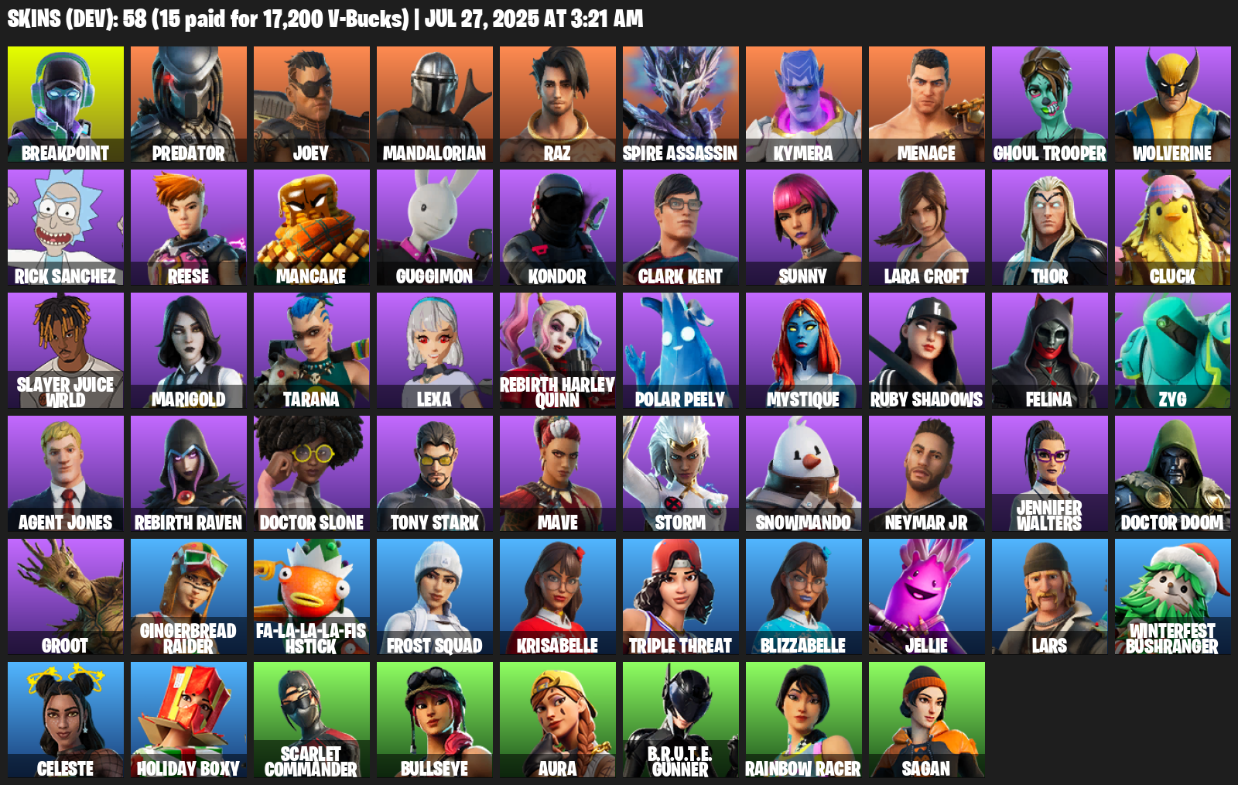 58 Skins, Lara Croft, Reaper Axe, Breakpoint, Predator, Joey, Mandalorian, Raz, Spire Assassin, Kymera [PC/PSN/XBOX]