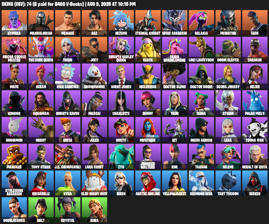 74 Skins, 1820 V-bucks, Lara Croft, Kymera, Mandalorian, Menace, Raz, Nezumi, Eternal Knight, Spire Assassin [PC/XBOX]