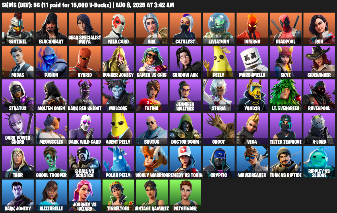 56 Skins, Merry Mint Axe, Reaper Axe, Sentinel, Blackheart, Gear Specialist Maya, Wild Card, Ark, Catalyst [PC/PSN/XBOX]