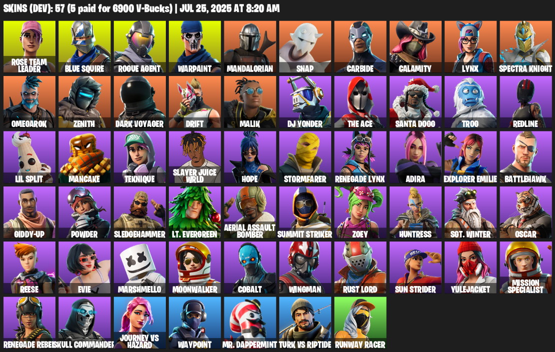 57 Skins, Take The L, OG STW, Blue Squire, Rose Team Leader, Rogue Agent, Warpaint, Mandalorian, Snap [PC/PSN/XBOX]
