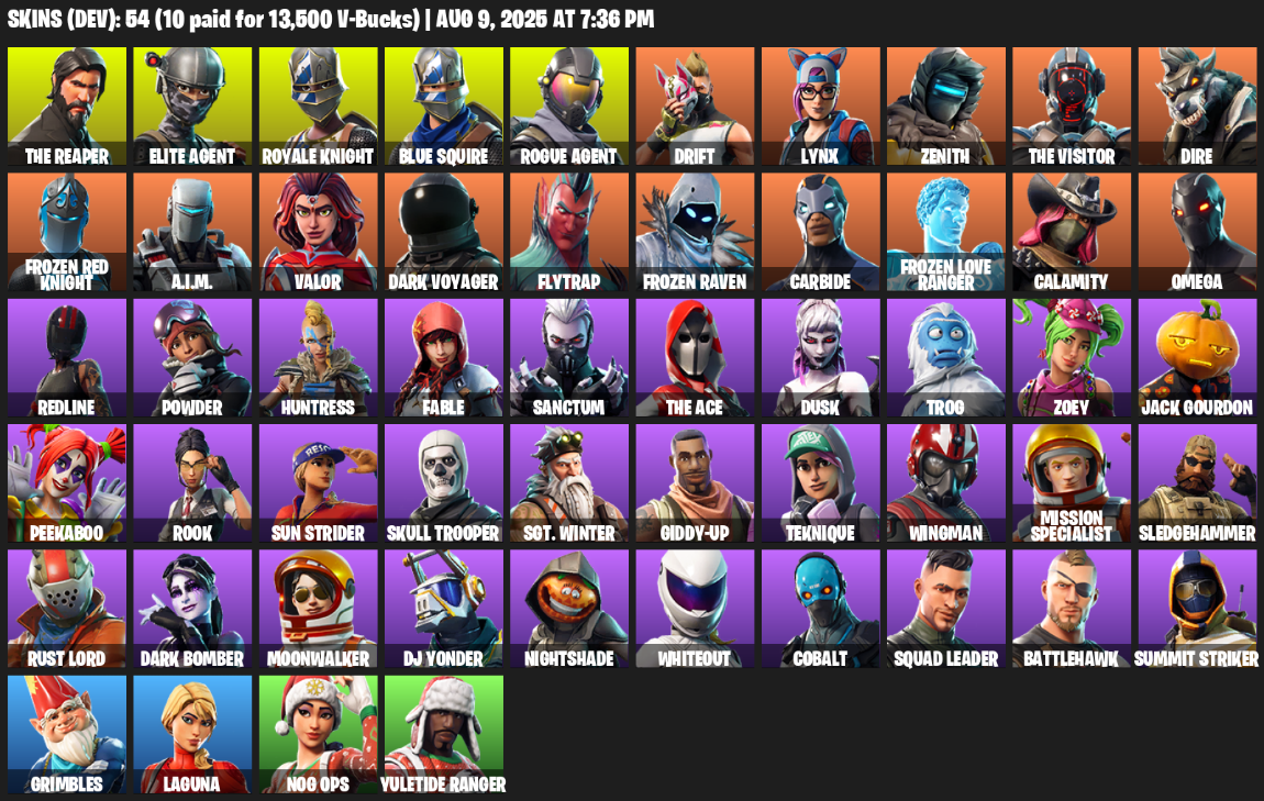 54 Skins, Take The L, Royale Knight, The Reaper, Elite Agent, Blue Squire, Omega, Rogue Agent, Drift, Lynx [PC/PSN/XBOX]