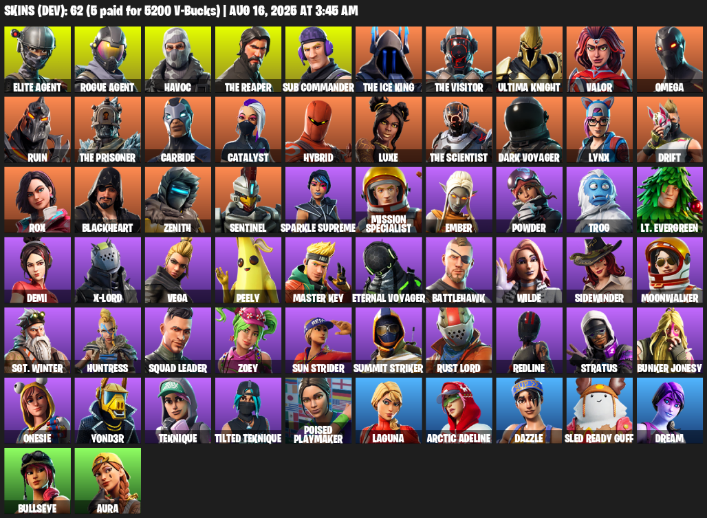 62 Skins, 900 V-Bucks, Take The L, The Reaper, Elite Agent, Omega, Rogue Agent, Havoc, Sub Commander [PC/PSN/XBOX]