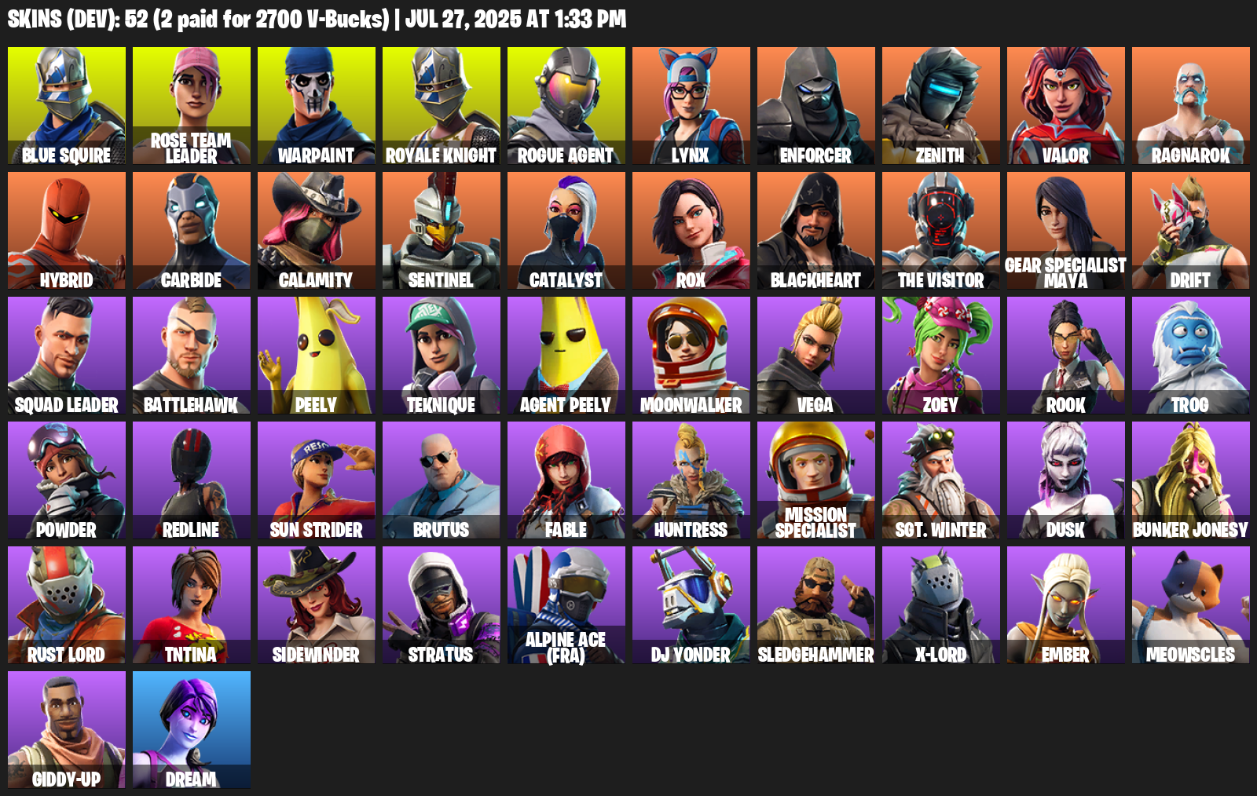 52 Skins, 2150 V-bucks, Take The L, Floss, OG STW, Royale Knight, Blue Squire, Rose Team Leader, Warpaint [PC/XBOX]