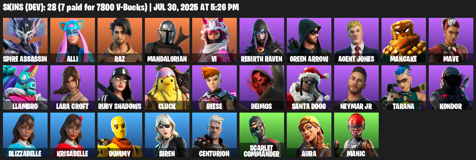 28 Skins, Lara Croft, Spire Assassin, Alli, Raz, Mandalorian, Vi, Rebirth Raven, Green Arrow, Agent Jones [PC/PSN/XBOX]