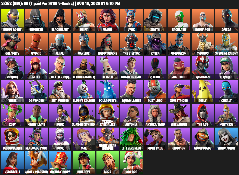 66 Skins, 600 V-bucks, Take The L, Omega, Reaper Axe, Rogue Agent, Enforcer, Blackheart, Drift, Valor, Lynx [PC/PSN]