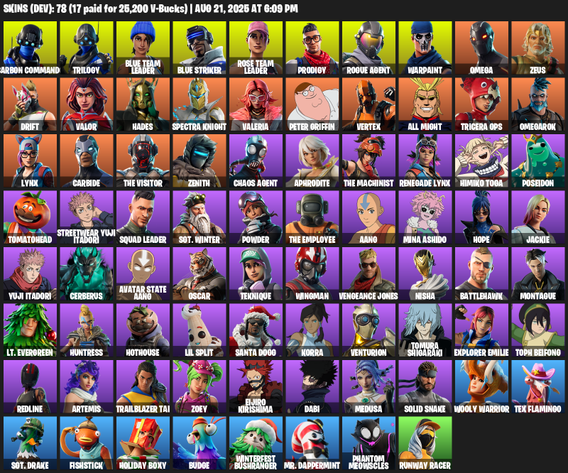 78 Skins, OG STW, Omega, Carbon Commando, Trilogy, Blue Team Leader, Blue Striker, Rose Team Leader, Prodigy [PC/XBOX]