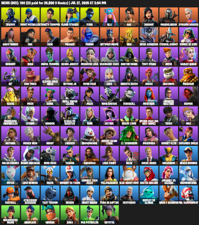 106 Skins, Lara Croft, Reaper Axe, Trilogy, Point Patroller, Trinity Trooper, Cloud Striker, Fixer, Alli, Raz [PC/XBOX]