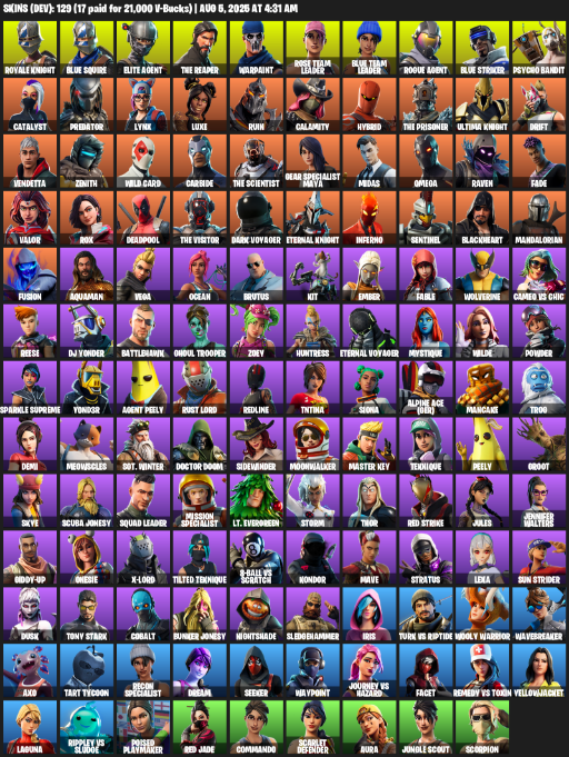129 Skins, Take The L, OG STW, Royale Knight, The Reaper, Elite Agent, Blue Squire, Omega, Warpaint [PC/PSN/XBOX]
