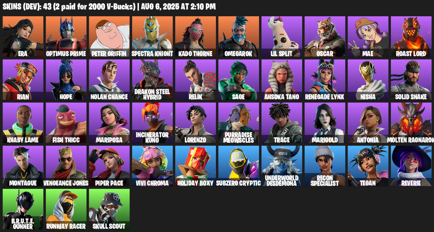 43 Skins, Era, Optimus Prime, Peter Griffin, Spectra Knight, Kado Thorne, Omegarok, Lil Split, Oscar, Mae [PC/XBOX]