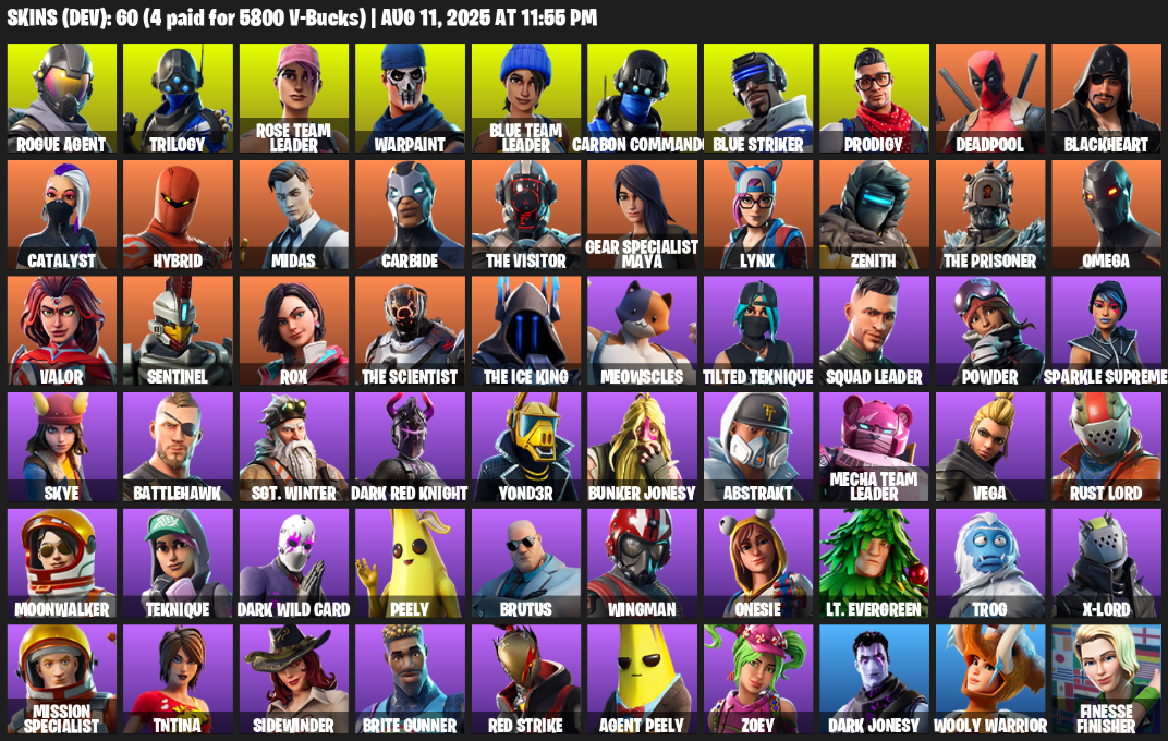 60 Skins, Take The L, OG STW, Omega, Reaper Axe, Rogue Agent, Trilogy, Rose Team Leader, Warpaint [PC/XBOX]