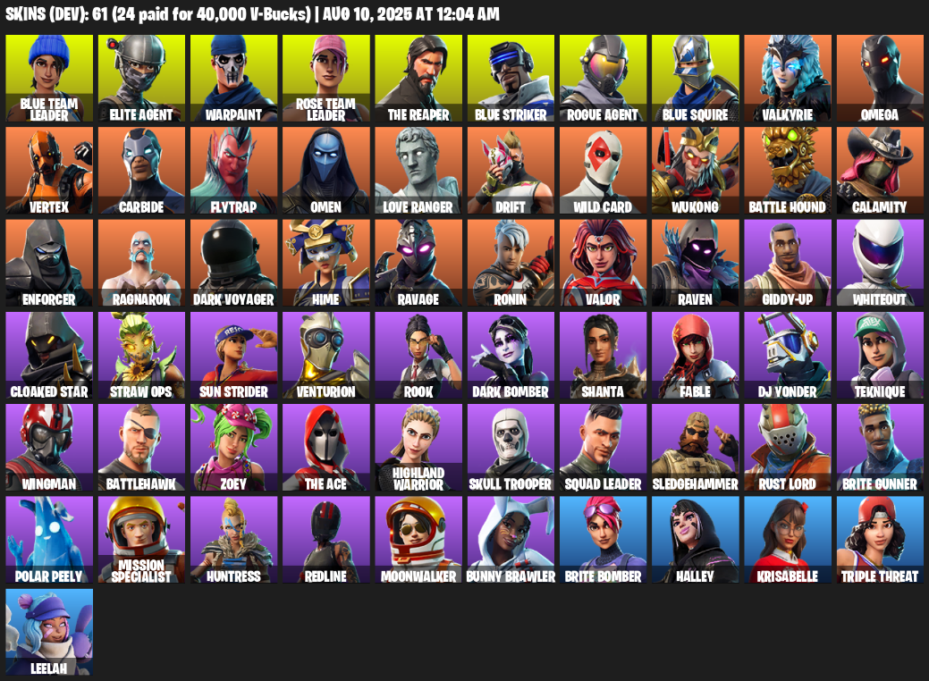 61 Skins, Take The L, OG STW, The Reaper, Elite Agent, Blue Squire, Omega, Blue Team Leader, Warpaint [PC/PSN/XBOX]