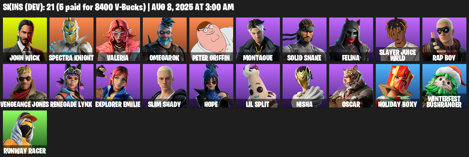 21 Skins, John Wick, Spectra Knight, Valeria, Omegarok, Peter Griffin, Montague, Solid Snake, Felina [PC/XBOX]