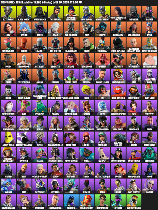 129 Skins, 1050 V-Bucks, Take The L, Floss, Black Knight, Sparkle Specialist, Royale Knight, The Reaper, Elite Agent [PC]