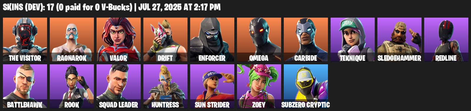 17 Skins, Omega, The Visitor, Ragnarok, Valor, Drift, Enforcer, Carbide, Teknique, Sledgehammer, Redline [PC/PSN/XBOX]