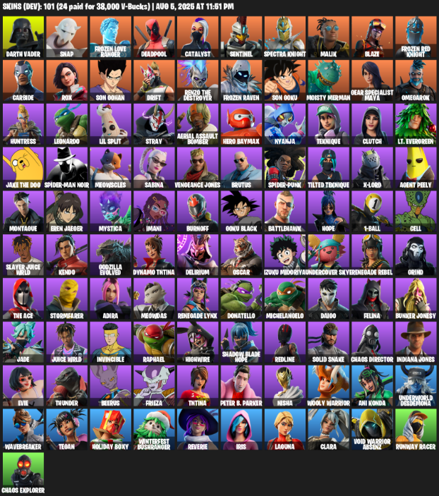 101 Skins, Reaper Axe, Darth Vader, Snap, Frozen Love Ranger, Deadpool, Catalyst, Sentinel, Spectra Knight, Malik [PC]