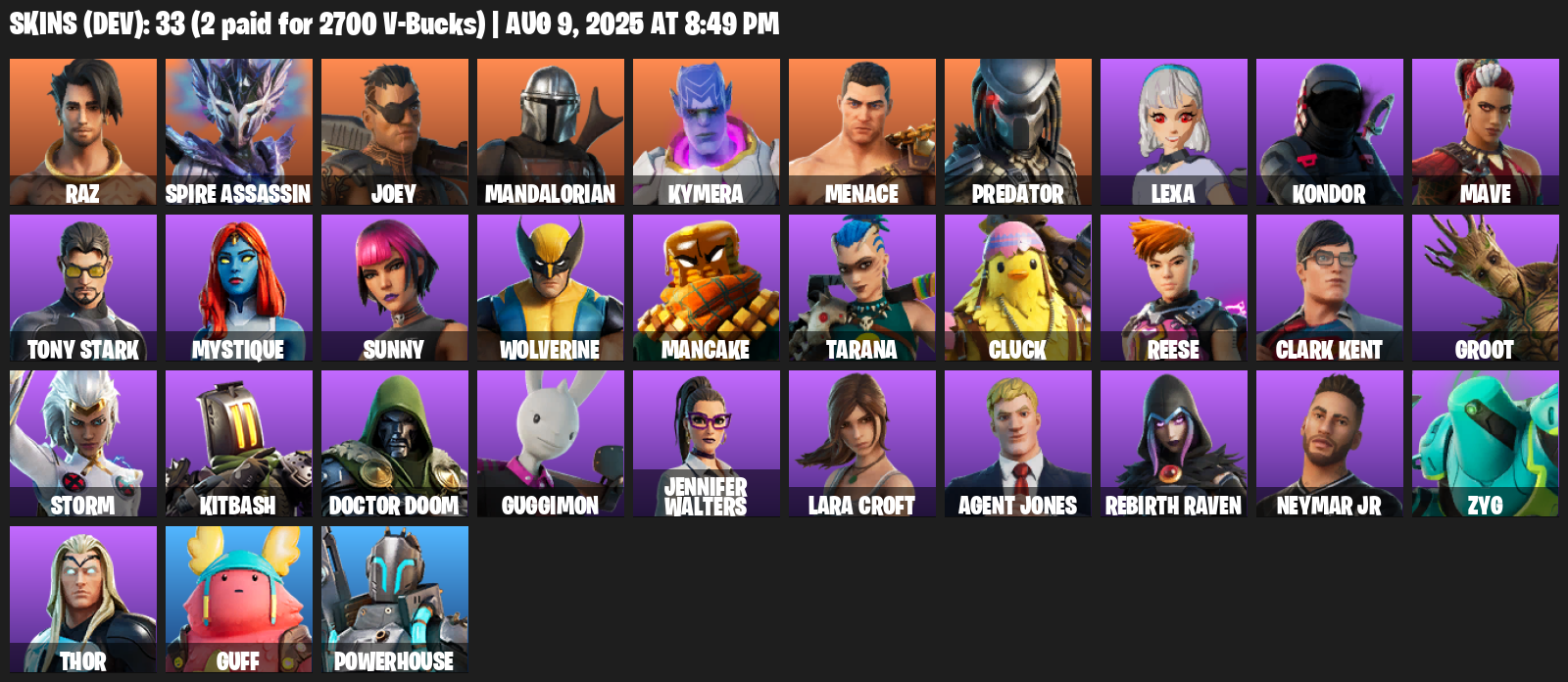 33 Skins, Lara Croft, Raz, Spire Assassin, Joey, Mandalorian, Kymera, Menace, Predator, Lexa, Kondor, Mave [PC/XBOX]