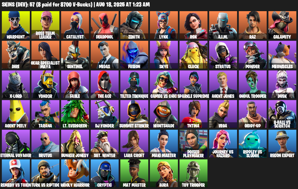 57 Skins, OG STW, Lara Croft, Warpaint, Rose Team Leader, Catalyst, Deadpool, Zenith, Lynx, Rox, A.I.M. [PC/PSN/XBOX]
