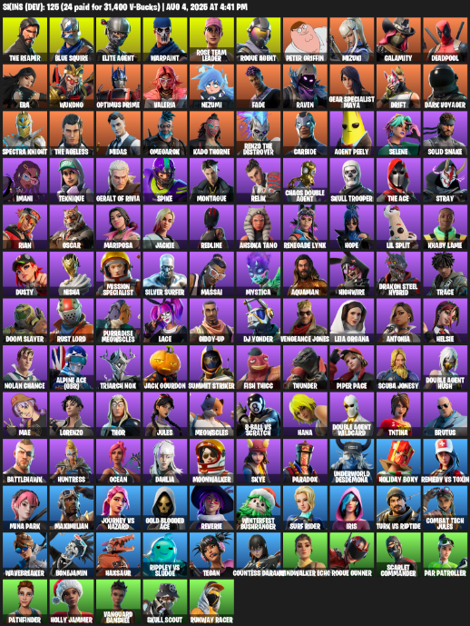 125 Skins, Take The L, OG STW, The Reaper, Elite Agent, Blue Squire, Warpaint, Rose Team Leader [PC/PSN/XBOX]