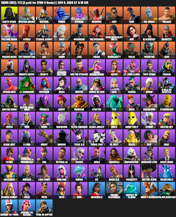 113 Skins, 1150 V-bucks, Lara Croft, Darth Vader, Spectra Knight, Sentinel, Fusion, Kymera, Deadpool, Joey [PC/PSN/XBOX]