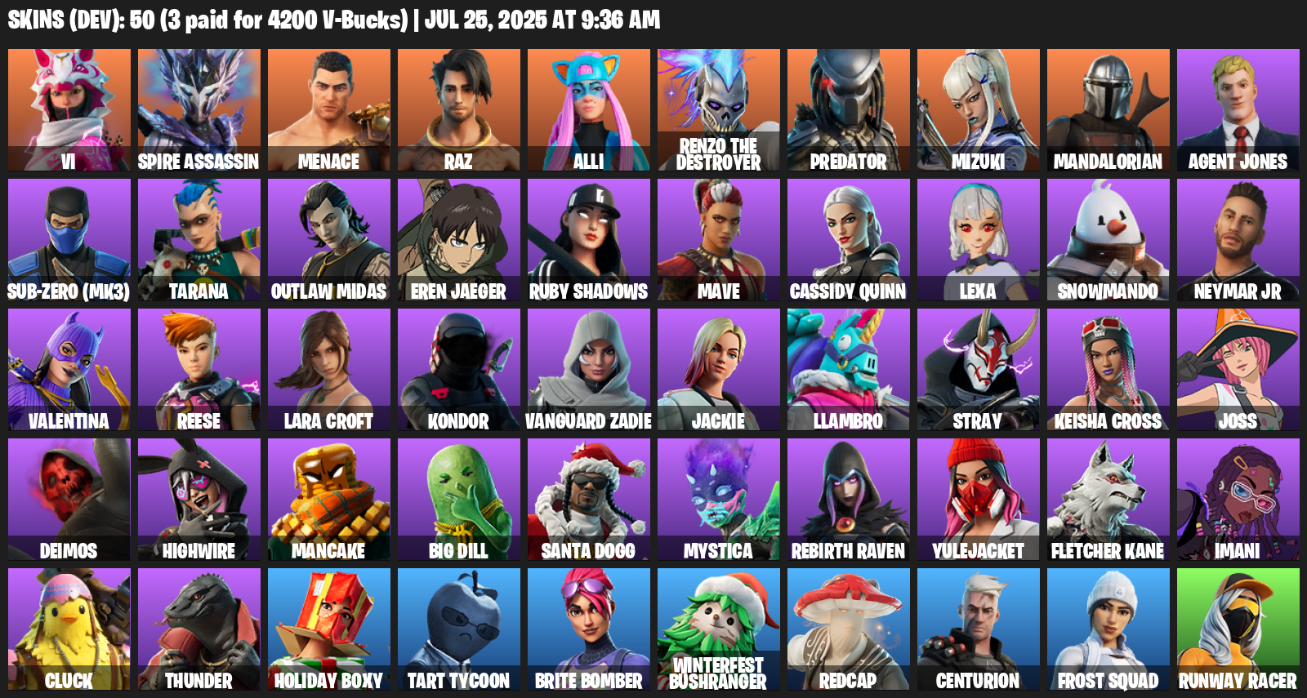 50 Skins, Lara Croft, Vi, Spire Assassin, Menace, Raz, Alli, Renzo the Destroyer, Predator, Mizuki [PC/XBOX]